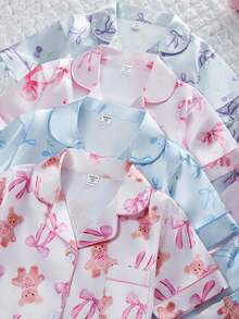 Sweet Style School Girls Pajamas, Satin Fabric With Printed Patterns, Short Sleeve Collared Cardigan Top Paired With Shorts, Comfortable Loungewear, 4 Sets Randomly Shipped As 2 Set Combinations, Suitable For Summer - Multicolor - View 6