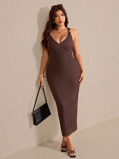 Elaquor Plus Size Solid Color Fitted Backless Sleeveless Elegant Summer Dress Brown Bodycon Dress Brown Midi Dress Curve Midi Dress Coffee Brown Dress Brown Dress Women Spring Outfit Women Spring Dress For Women