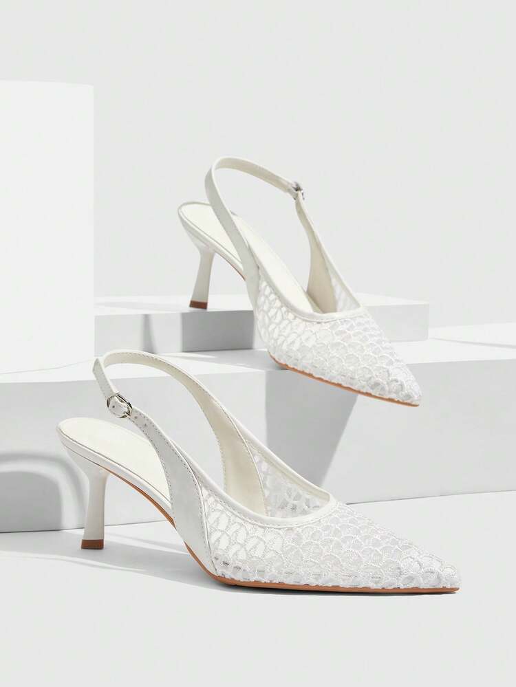 CUCCOO SZL Women's Pointed Toe High Heel Shoes, Metal Chain Decor, Mesh Upper, Sexy Red Lining, Elegant Backless Design, Asymmetric Heel Sandals Valentine's Day