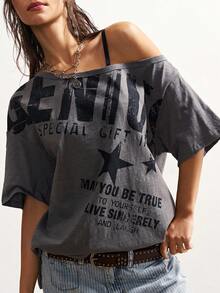 Bohemela 休闲纯色针织不对称领短袖宽松女式T恤，灰色大字母图案T恤，夏季款 - 軍綠色 - 查看 5