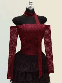 SHEIN ICON 大码女式露肩长袖蕾丝喇叭袖红色T恤 - 紅色 - 查看 7