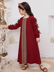 SHEIN Flamingo Print Long Sleeve Arabian Robe,Elegant Floral Kaftan Jalabiya Clothes - Red - View 4