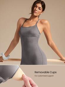 GLOWMODE 26英寸 Softy Velvaire 超柔软双向可拆卸胸垫连体衣，适合低冲击瑜伽、普拉提、日常休闲穿着。 - 灰色 - 查看 4