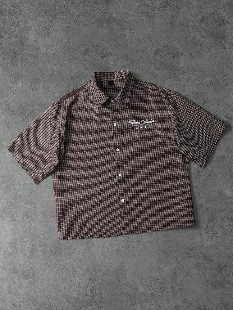 PAVTROS 男士格子印花纽扣刺绣短袖衬衫 - 彩色 - 查看 4