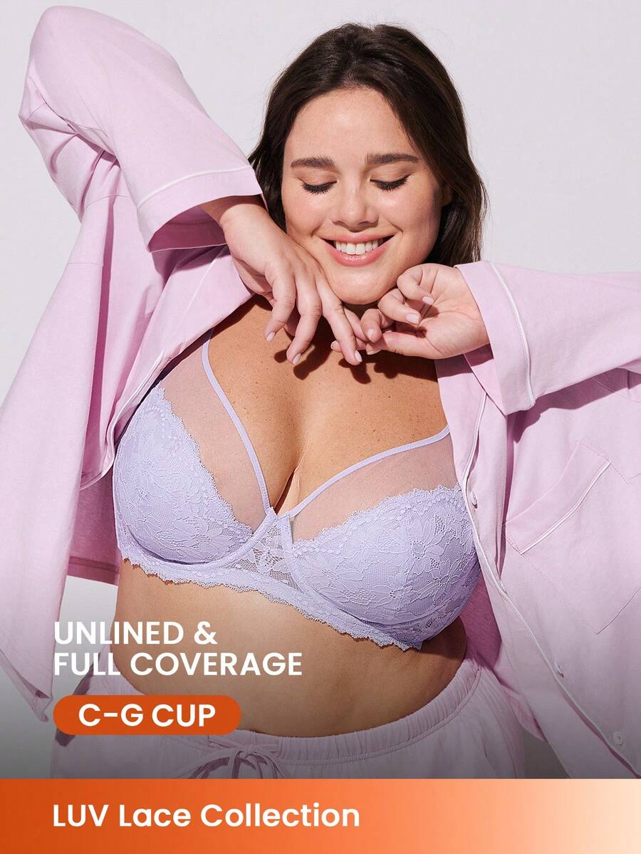 LUVLETTE Plus Soft Woman Lingerie Lounge Curve Sheer Full Coverage Support&Breathable Underwire Sexy Unlined Minimizer Lace Elegance & Mesh Purple Bra Bridal Intimates - Mauve Purple - View 1
