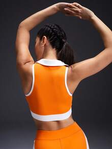Powerista 女士荧光橙色撞色拉链前襟方领运动文胸 - 橘色 - 查看 2