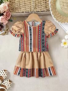 SHEIN Baby Girl Geometric Print Puff Sleeve Shirt Top And Skirt Casual Outfit, Suitable For Daily Wear And Gatherings - Multicolor - View 6