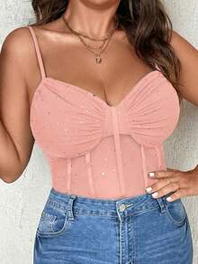 NU&NOW Plus Size Sexy Mesh Patchwork Rhinestone Decor Camisole, Summer - Baby Pink - View 4