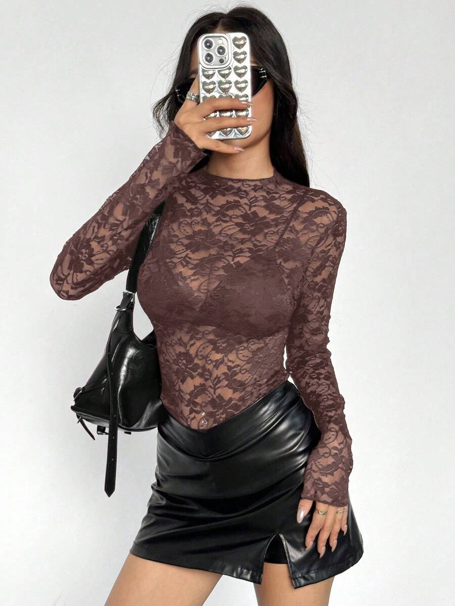 EgrlEra Petite Women's Fashionable Black Fitted Lace Blouse - Chocolate Brown - View 1