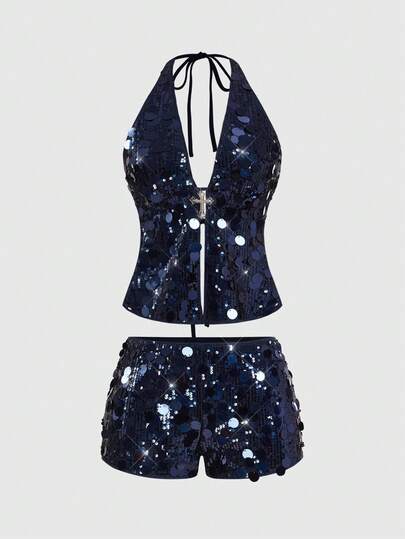 ROMWE Grunge Punk Spring/SummersequinvacationsequinPunk Rock Diva Party Outfit, Halter Neck Sexy Sequin Cross Pendant 2 Pieces Set For Music Festival, New Year Party, Y2K Millennium