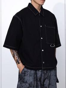 Manfinity Hypemode New Casual Black Collar Short Sleeve Jacket - Black - View 3
