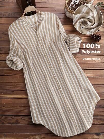 SHEIN LUNE Plus Size Asymmetrical Hem Striped Look Casual Vacation Long Shirt For Women Long Blouses For Women Collar Shirt For Women Striped Shirt Women Polyester Shirt Women