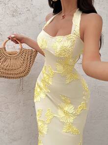 Sunnyshic 女士酒红色露背修身长款鱼尾连衣裙，奢华刺绣，优雅迷人，适合婚礼、派对、宴会、海滩、夜店、约会、秋季、情人节、圣诞节等场合。 - 黃色 - 查看 7