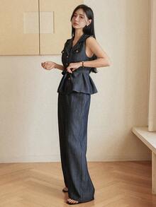 DAZY Women's Collared Sleeveless Cropped Top And Wide Leg Jeans 2 Pieces Casual Set - Dark Wash - View 3