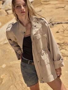 MOTF STUDIO WOMEN'S DRAWSTRING WAIST STAND COLLAR TRENCH COAT