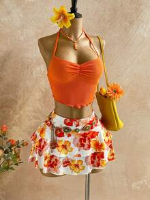 Soleia Orange Halter Top & Printed Mini Skirt 2 Pieces Set, Women's Holiday Outfit - Multicolor - View 6