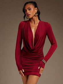 Hauture Vestido mini sexy de moda con pliegues, manga larga y cuello fruncido de unicolor para mujer - Burdeos - Ver 4