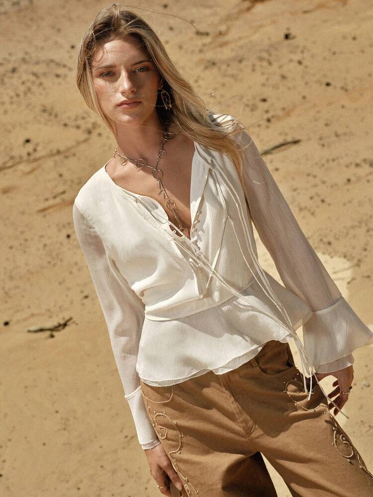 MOTF STUDIO WOMEN'S PLEATED CHIFFON 2 IN 1 RUFFLE SLEEVE TIE FRONT BLOUSE, SPRING/SUMMER