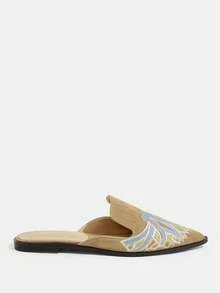 CUCCOO TILAWA Women's Embroidered Pattern Pointed Toe Casual Slip-On Flat Shoes - Khaki - View 2