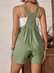 LanaWest 女士夏季西部休闲度假纹理粘胶V领木扣褶裥口袋连体衣 - 綠色 - 查看 2
