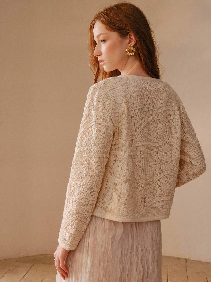 MOTF PREMIUM WOMEN'S HOLLOW OUT BOHEMIAN VACATION CASHEW FLOWER PATTERN COAT - Apricot - View 2