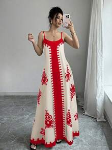 Vestido de mujer con diseño floral, tirantes finos, de estilo casual y vacacional, nueva llegada - Rojo - Ver 3
