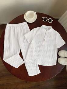 SHEIN 男童纯色短袖纽扣衬衫和裤子休闲套装 - 白色 - 查看 7