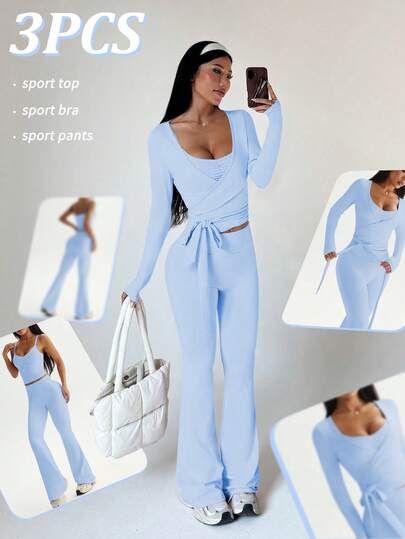 Sovereign Charm 3pcs Women's Sports Suit Set, Includes Long Sleeve T-Shirt, Adjustable Strap Top, And High Waist Flared Pants, Suitable For Daily Casual Wear, Running, Yoga, Gym, Tennis, All Seasons