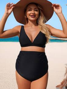 SHEIN Maternity Solid Color Swimwear 2 Pieces Set Black High Waisted Bikini Tummy Control Swimwear For Women, Summer Modest Beach Holiday Vacation Outfits - Black - View 4
