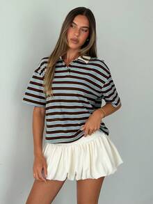 Aloruh Women's Casual Oversized Polo Collar Blue And White Striped T-Shirt,Spring, Going Out Top,Back To School, Retro Casual Style - Multicolor - View 2