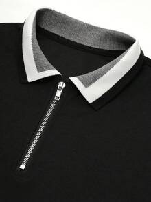 Calvornis 男士珠地针织拉链休闲短袖Polo衫 - 黑色 - 查看 4