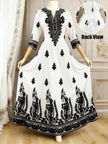 GlowEve 女士佩斯利印花系带A字连衣裙，优雅法式复古风，适合度假、通勤、情人节、约会、街头风、派对等场合，白色底黑色印花，早春/春夏新款，短袖/长袖可选。 - 彩色 - 查看 3