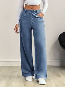 SHEIN FlexDen Quần jeans nữ cạp chun co giãn có túi, kiểu dáng đơn giản, thời trang, đa năng. - Xám - Xem 4