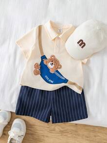 SHEIN 2pcs/Set Toddler Boys' Casual Cute Bear Embroidered Polo Shirt And Navy Shorts Set, Spring/Summer Baby Boy Clothes, Outfits - Navy - View 6