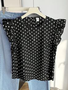 Blusas para adolescentes con estampado de lunares negros, con volantes, de estilo casual y vacacional, ajustadas. Camisa de verano sencilla con estampado de lunares, estilo francés - Negro - Ver 4