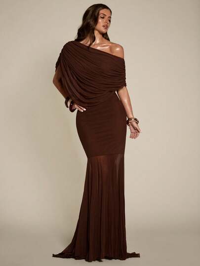 SHEIN BAE Women's Solid Color Ruched Asymmetric Hem Bodycon Dress,Spring/Summer New Arrival: Elegant Brown Dress. Perfect For Beach Vacations, Beach Trips, Beach Parties, Dates, Nightclubs, Picnics, Parties, Music Festivals, Brunch, And Other Occasions.