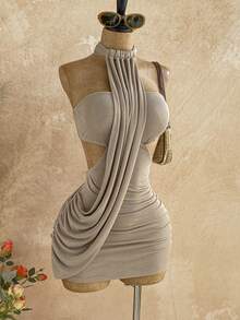 Soleia 女士春夏裹身不对称飘逸系带修身迷你连衣裙，适合约会、花园派对、下午茶、插花、波西米亚风、度假、复古、假日等场合 - 卡其色 - 查看 3