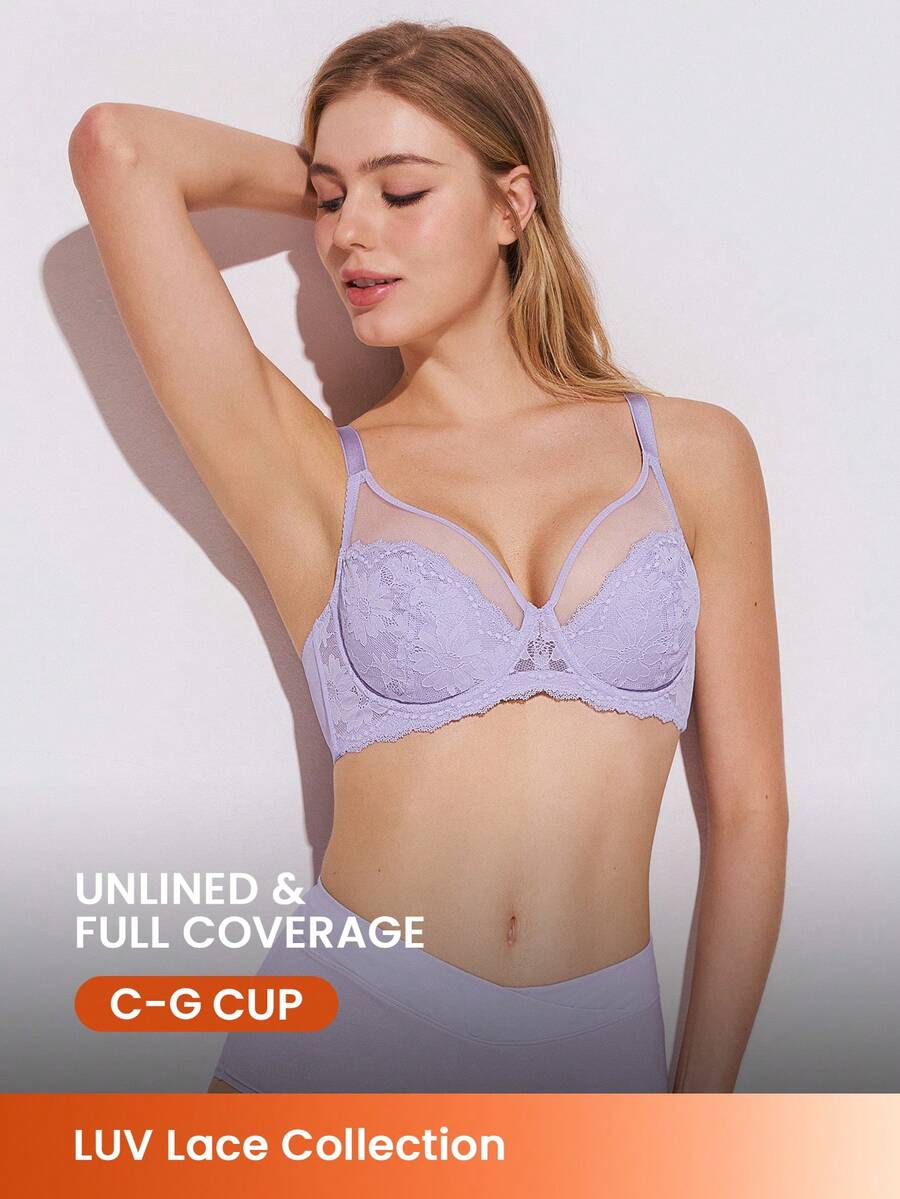 LUVLETTE Áo ngực Soft Woman Lingerie Lounge Curve Sheer Full Coverage Lift&Breathable Underwire Sexy Unlined Minimizer Lace Elegance & Mesh Purple Bra Bridal Intimates - Màu tím hoa cà - Xem 1