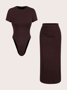 SHEIN Essnce Plsize Women's Casual Two Pieces Set, Knitted Suit, Jumpsuit And Skirt Summer Clothing,Black Formal Dress Women,Bandage Outfits For - Coffee Brown - View 8