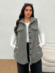 SHEIN EZwear 大码女式无袖休闲保暖抓绒外套，灰色 - 灰色 - 查看 4