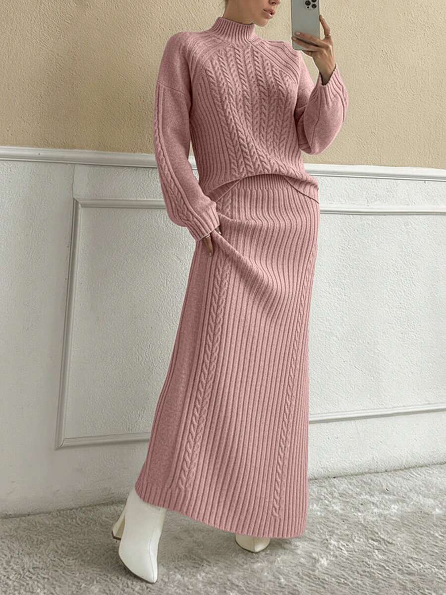EURMUSE 两件套扭纹罗纹针织宽松高领长袖毛衣 - 藕粉色 - 查看 1