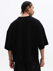 SUMWON Camiseta Masculina Oversized de Gola Careca de Manga Curta Sólida, Simples, Confortável, Ajuste Relaxado, Casual - Preto - Visão 2