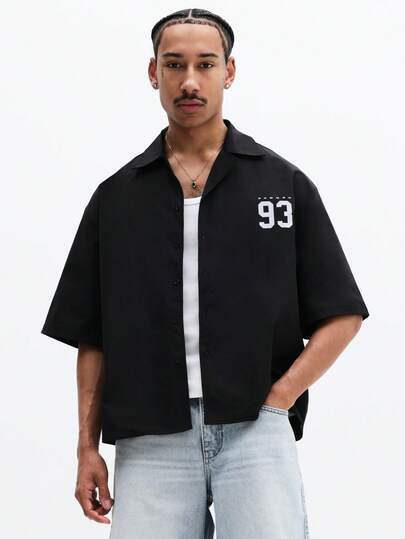 SUMWON Men's Oversized Button Up Short Sleeve Shirt With Numeric Print And Classic Collar For Summer Casual Streetwear