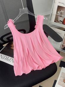 Roelina Women's Simple Vacation Solid Color Applique Round Neck Top, Summer - Pink - View 5