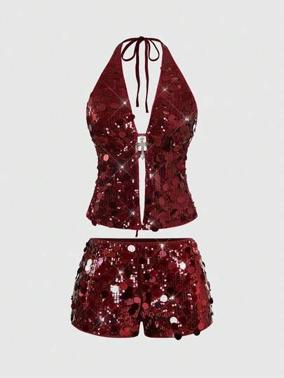 ROMWE Grunge Punk Spring/Summervalentine's Dayparty Punk Rock Diva Party Outfit, Festival Music Event New Year Costume, Halter Neck Sexy Sequin Cross Pendant 2 Pieces Set For Women