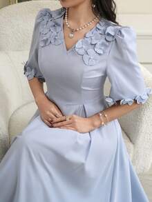 Modelyn Women's Elegant 3D Floral Decor Dress - Blue - View 3