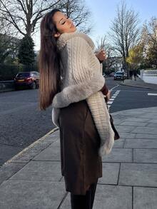 NegzBox Turtleneck Fuzzy Trim Batwing Sleeve Poncho Sweater - Aprikot - View 2