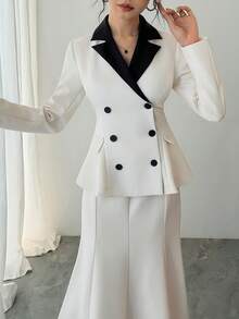 DAZY 2pcs Women Casual Collared Patchwork Top And Long Skirt Set - Black and White - View 6