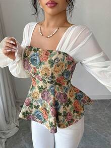 SHEIN Elenzya 新款春夏优雅女士衬衫，提花拼接雪纺游牧风衬衫，复古宫廷风格，适合约会、派对、日常出行、新年派对、情人节等场合，腰部设计衬衫 - 彩色 - 查看 3