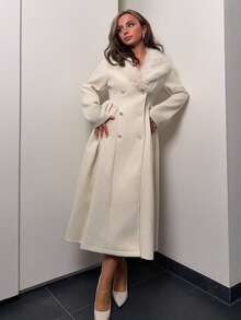 Jeta Ari 女士仿毛皮领双排扣大衣 - 杏色 - 查看 6